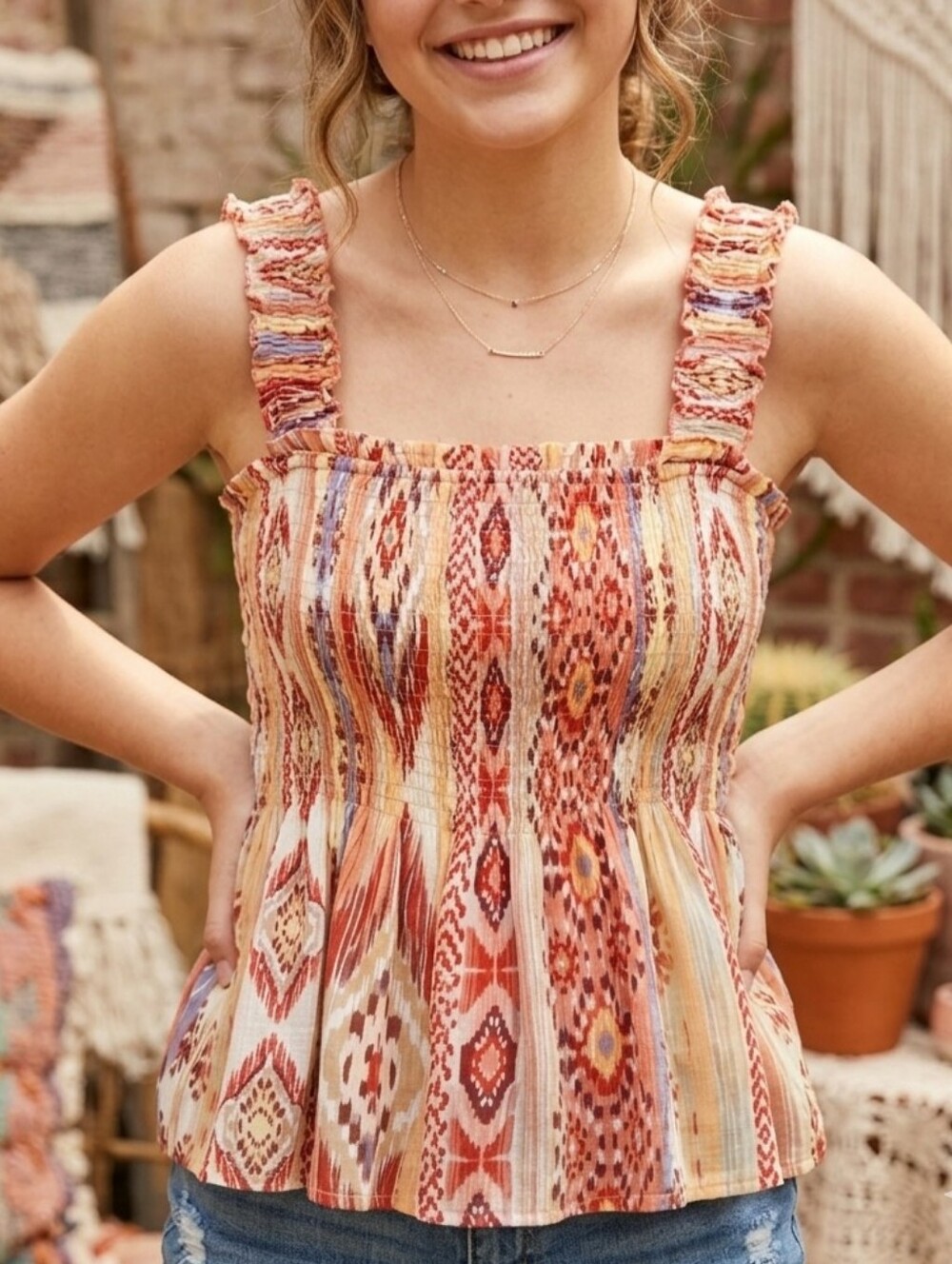 easel Multicolor Smocked Tribal-Print Camisole
